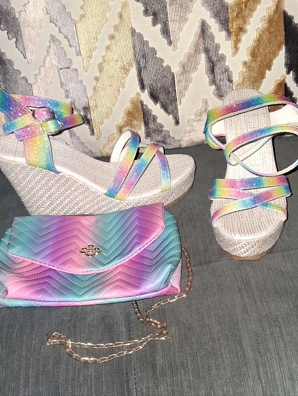 SHEIN Rainbow Metallic Strappy Wedge Sandals